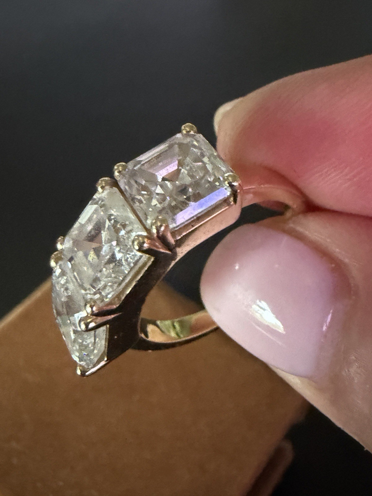 7.65 CTW 3 STONE LAB DIAMOND RING. 3 2.55ct E/VS1 SQUARE EMERALD CUT LAB DIAMOND