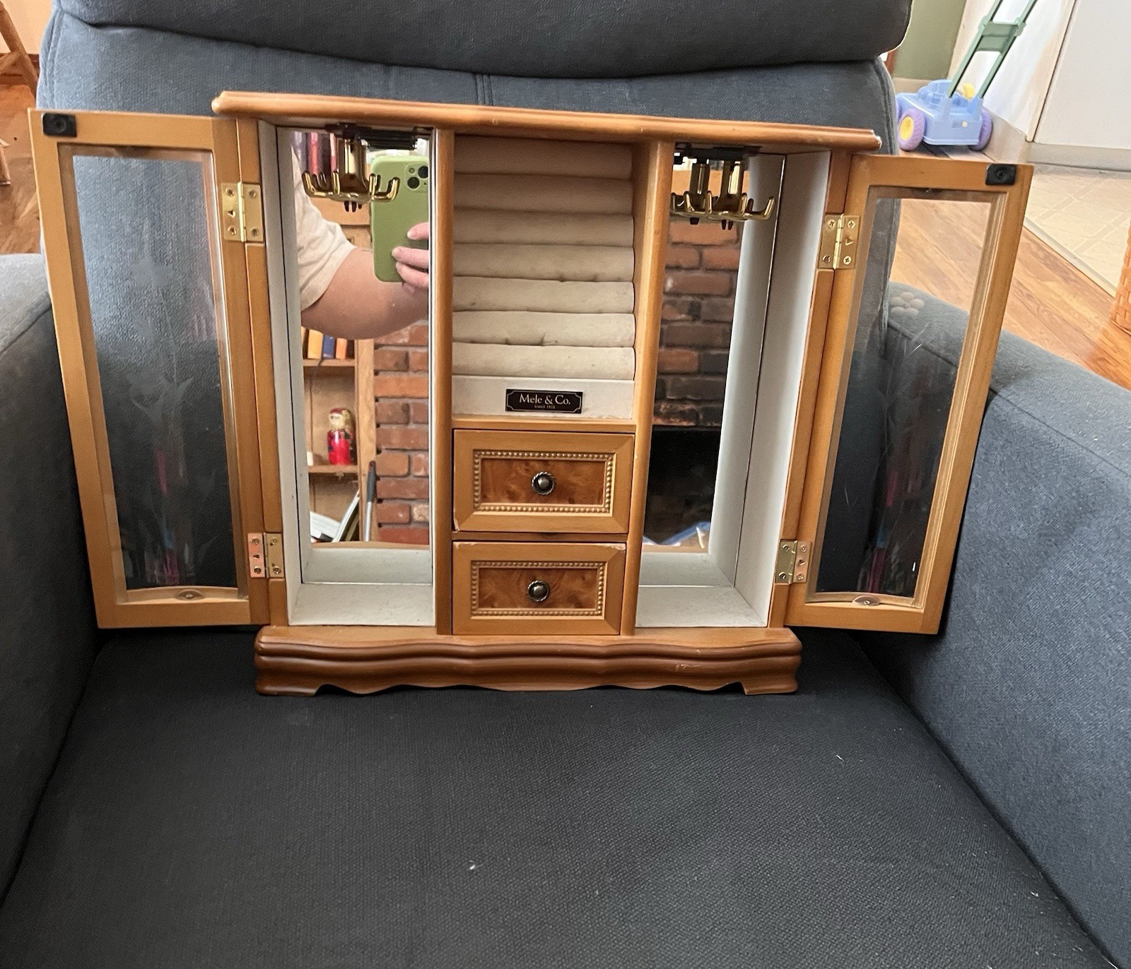 Mele & Co. Brown Wood Jewelry Box Armoire w/ Glass Mirror Doors, 2 Drawers