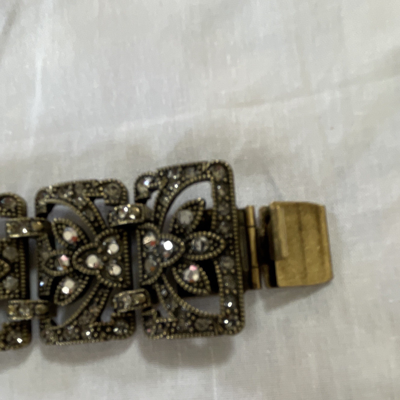 Gold Tone Clear Crystal Link Bracelet, Brass Base Metal, Box Clasp, 7 in