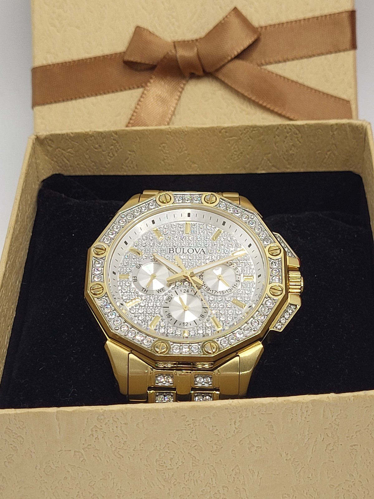 $695 [ NEAR MINT ] BULOVA Men’s Octava Gold Tone Stainless Pave Crystal WATCH