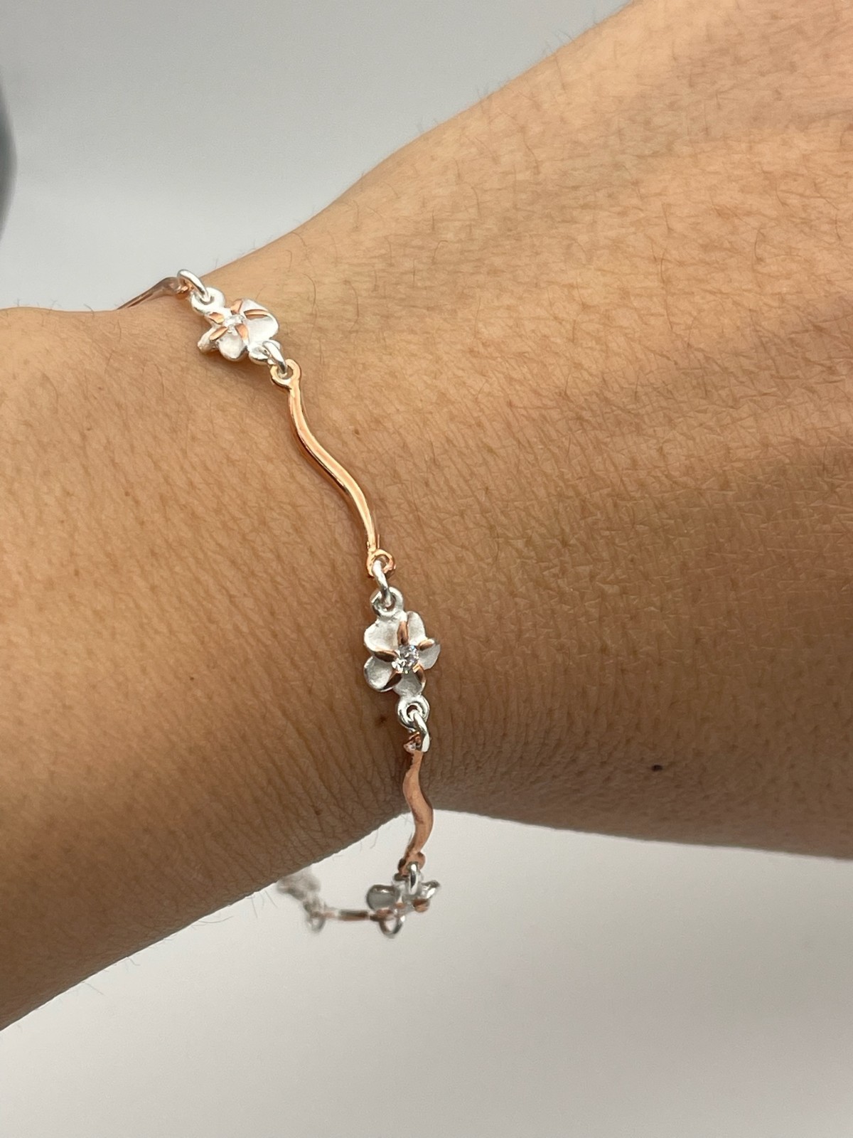 Aloha Wave Blossom Bracelet 925 Rose Tone Plumeria Flower Links Free Shipping