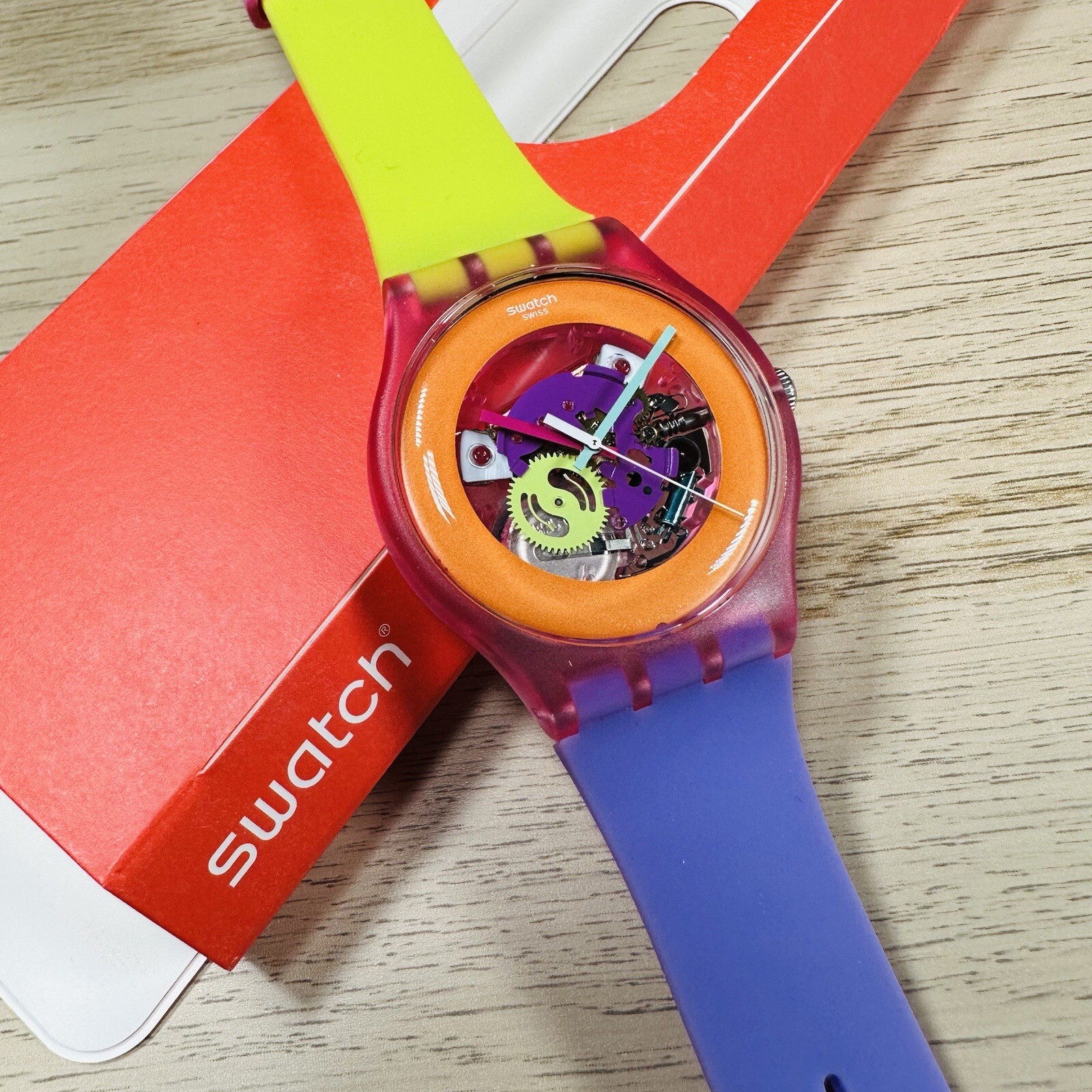NEW✅ Swatch Dip In Color Orange Skeleton Dial Yellow and Purple Silicone Watch