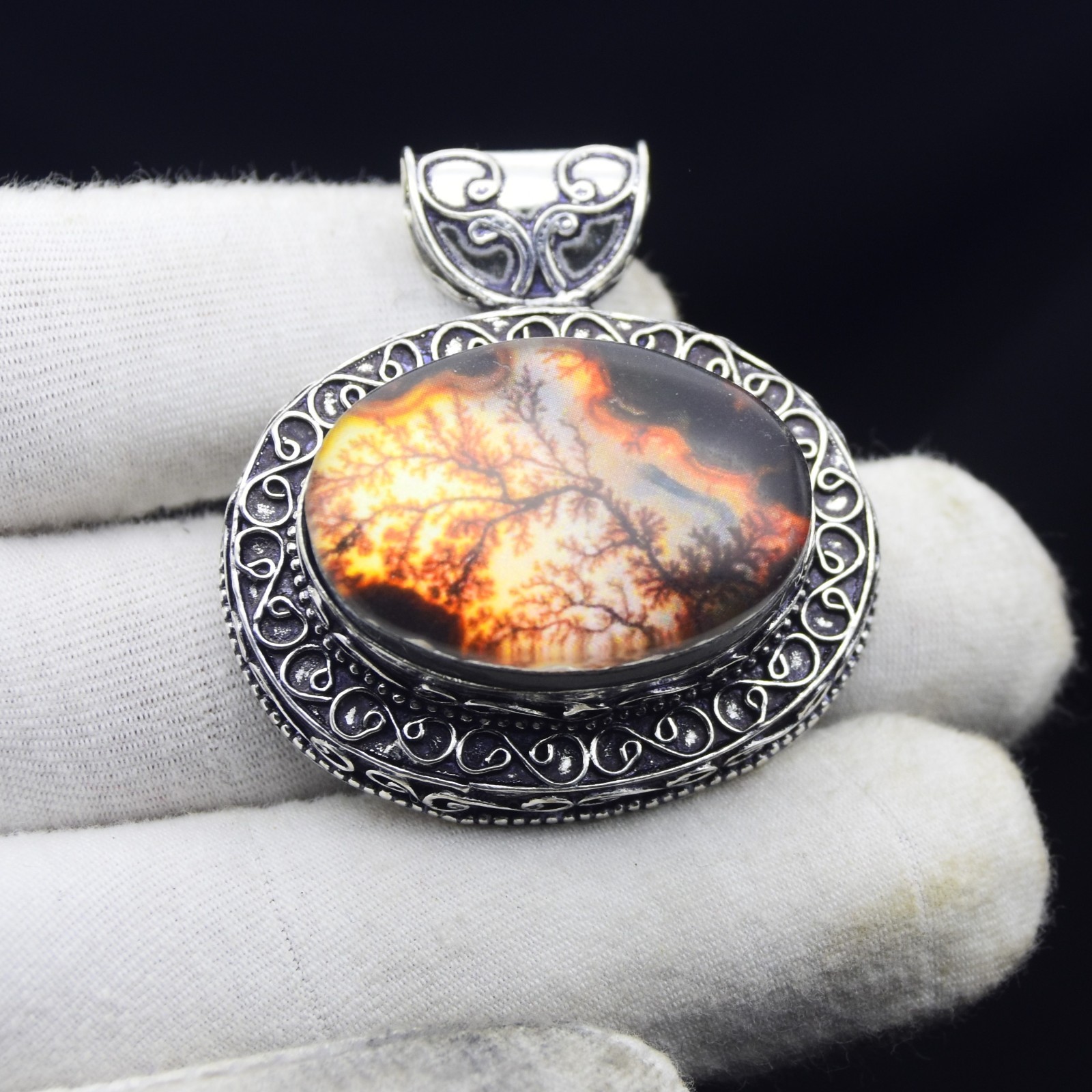 Fire Tree Dendritic Gemstone Pendant Handmade 925 Sterling Silver Jewelry 1.75″