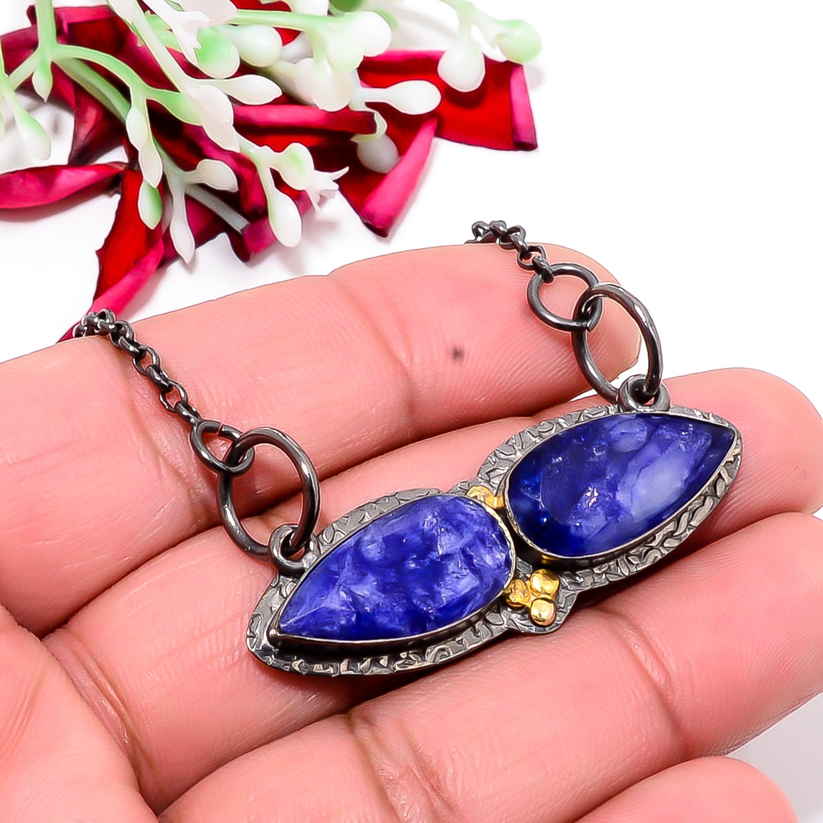 Blue Sapphire – Simulated Black & Gold Rhodium 925 Silver Chain Pendant 18-22″