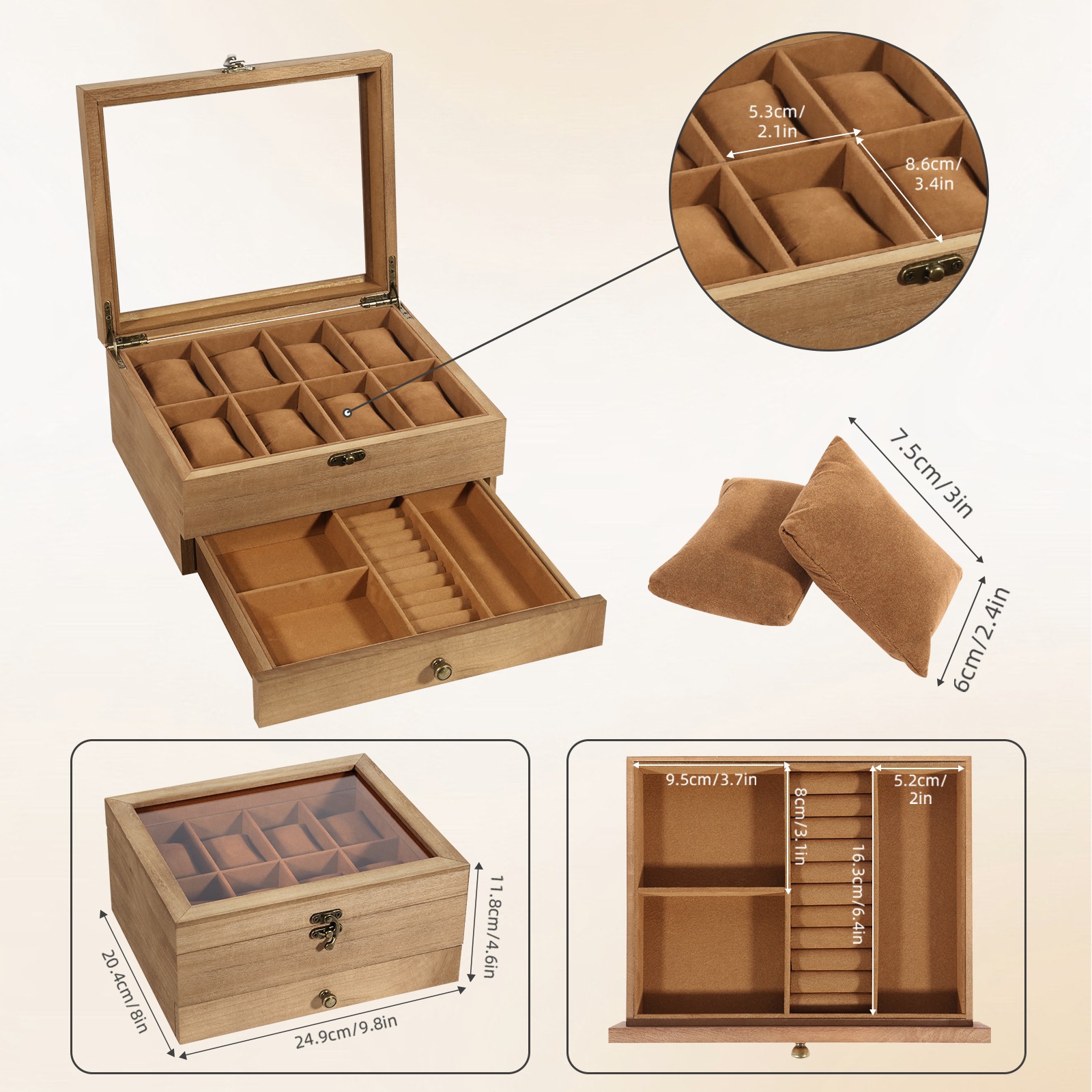 8 Slots Watch Box Solid Wood Watch Case Jewelry Storage Glass Lid Display Case