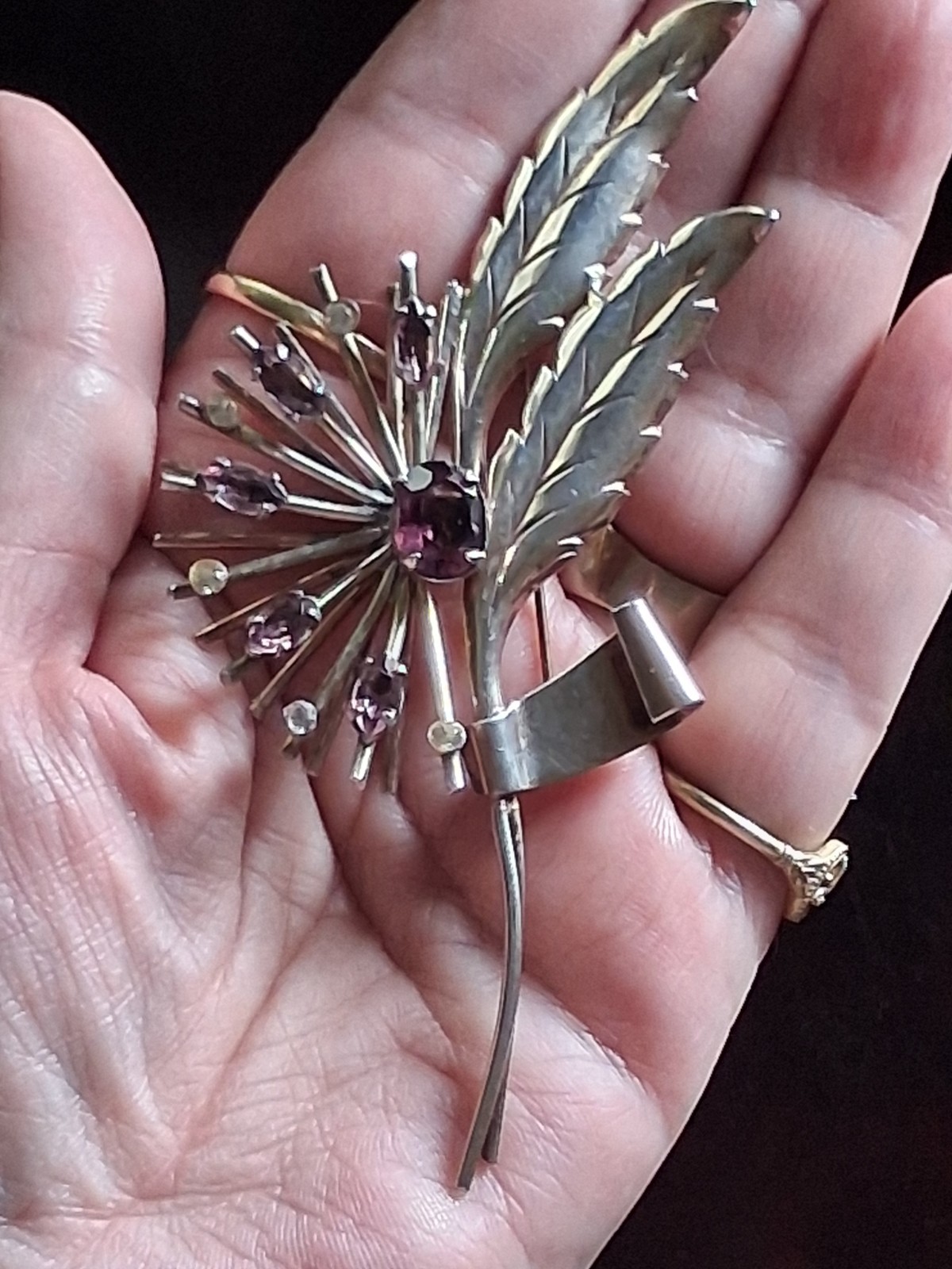 Vtg Late Art Deco Sterling Silver Oversize Amethyst MCM Brooch c1940-50?
