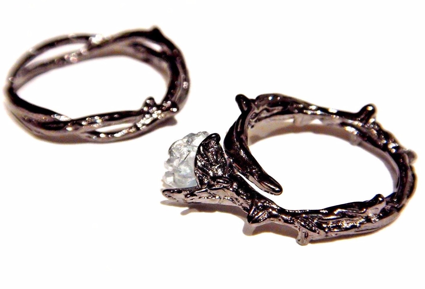 BLACK THORNS BLUE ROSE RING SET gunmetal silver clear vine crown gothic pair 3I