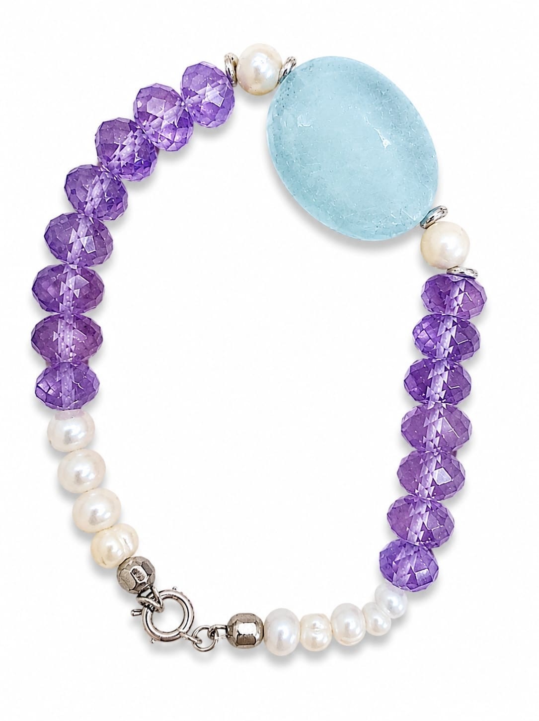 Natural Amethyst Freshwater Pearl & Blue Aquamarine Gemstone Bracelet Handmade S