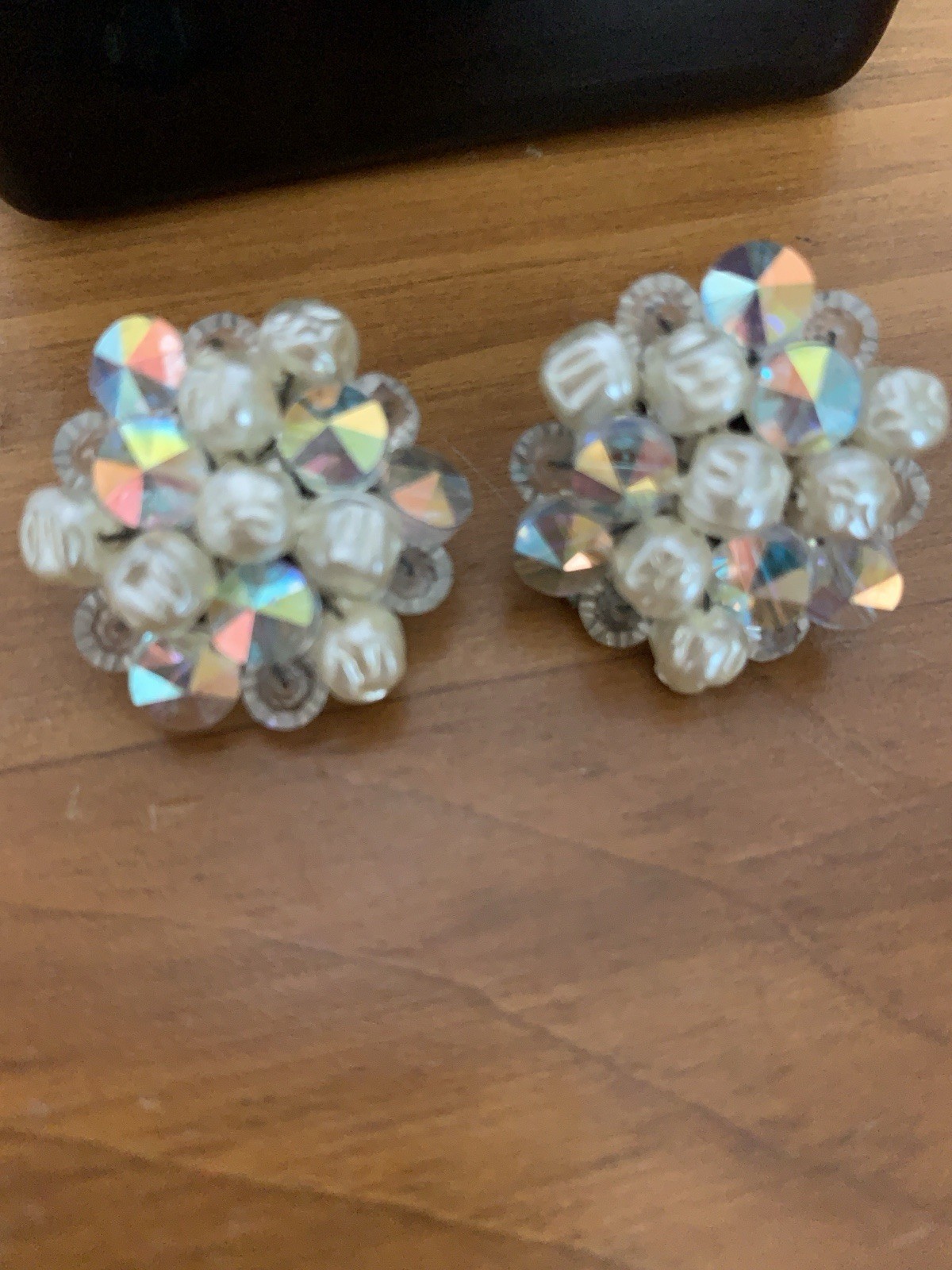 Vintage 1950s aurora borealis Beaded Clip On Earrings 3/4”