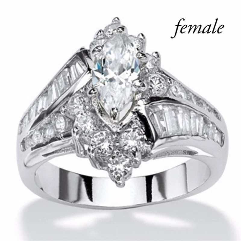 Stainless Steel Ring Marquise Cut Crystal Two Row Wedding Band Women Jewelry