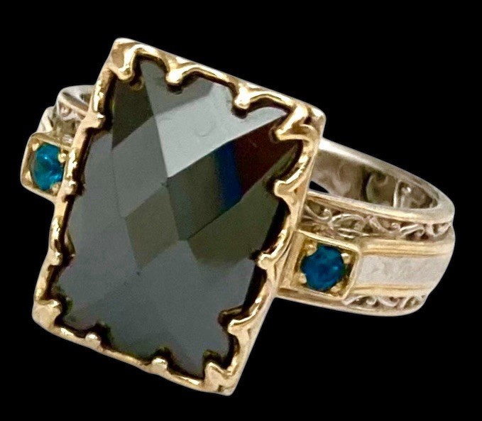 GEMS EN VOGUE Sterling Silver Gold Plated HEMATITE & NEON BLUE APATITE Ring
