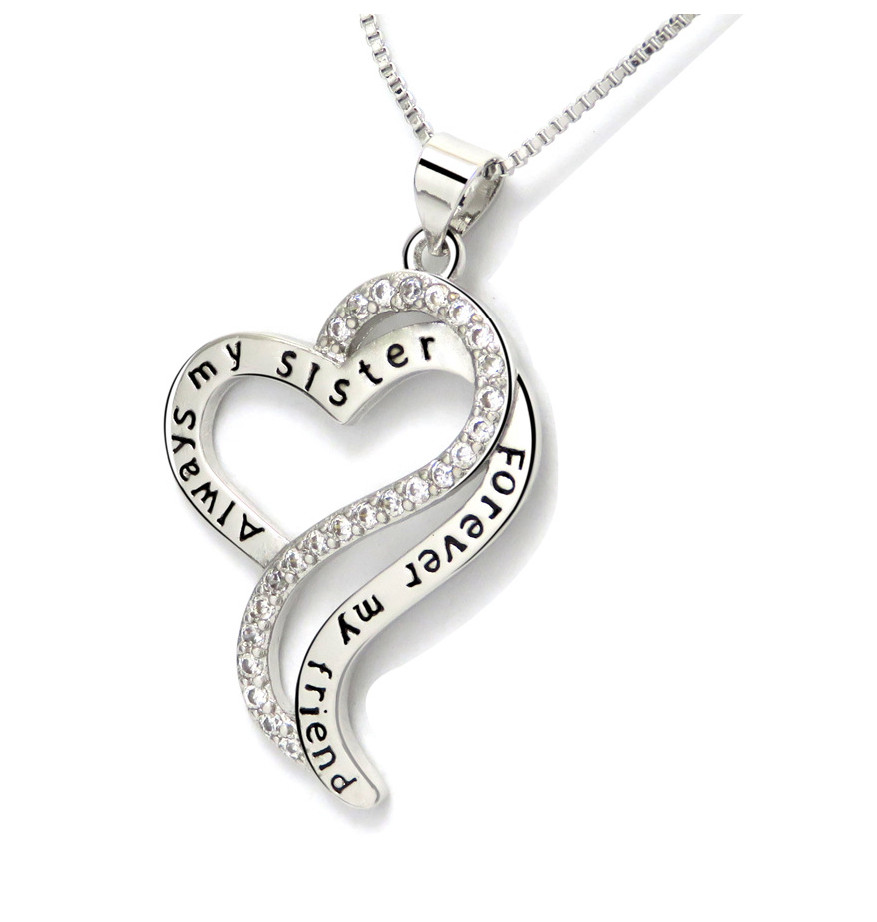 Always My Sister Forever My Friend Love Heart CZ Pendant Necklace Jewelry Box S2