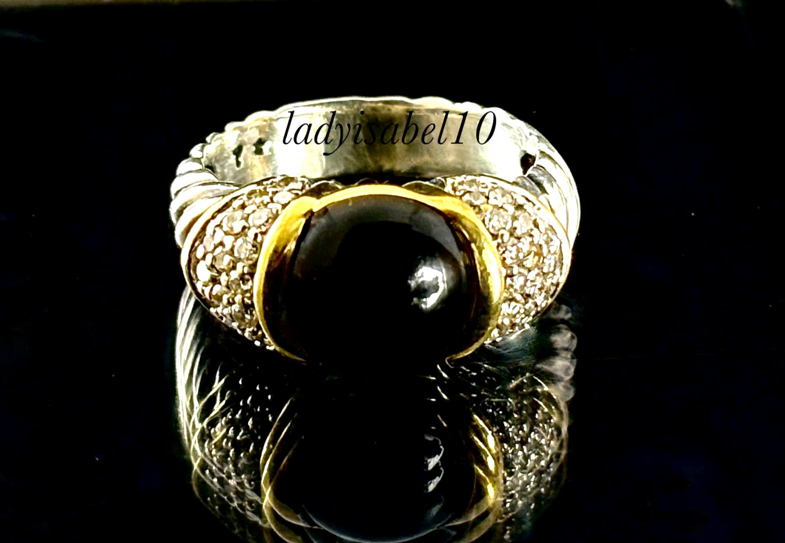 David Yurman 18k Gold Silver Onyx Pave Diamond Cable Ring Size 6.5 w/POUCH