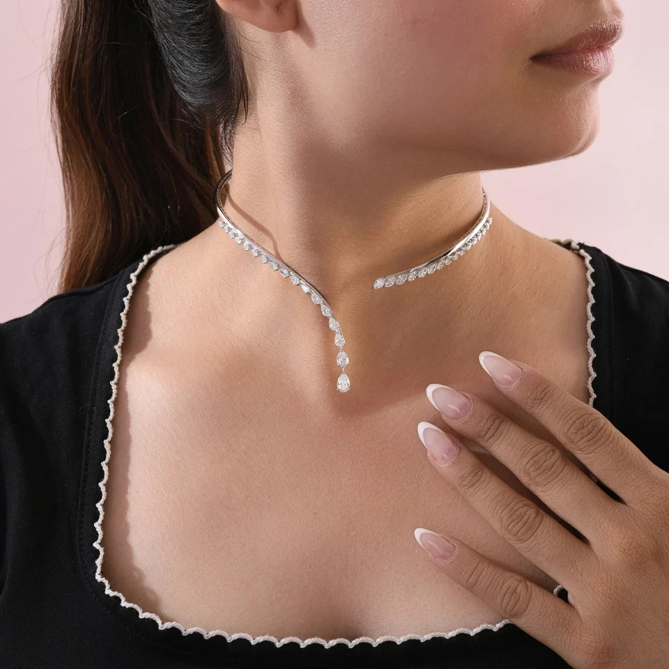 4.75 Ct 18k White silver women’s Pear Diamond Choker Cuff Necklace Gift