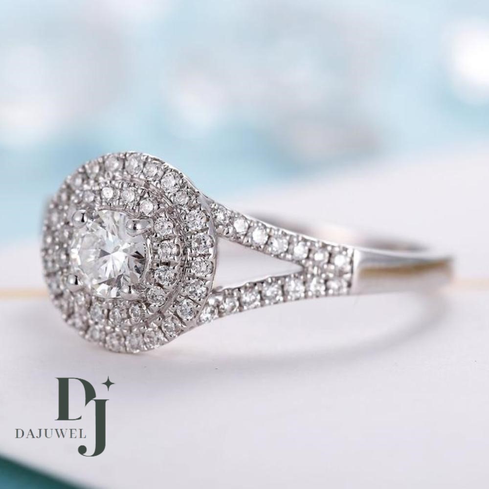 Moissanite Double Halo Engagement Ring 2.65 Carat Round Cut Solid 14K White Gold