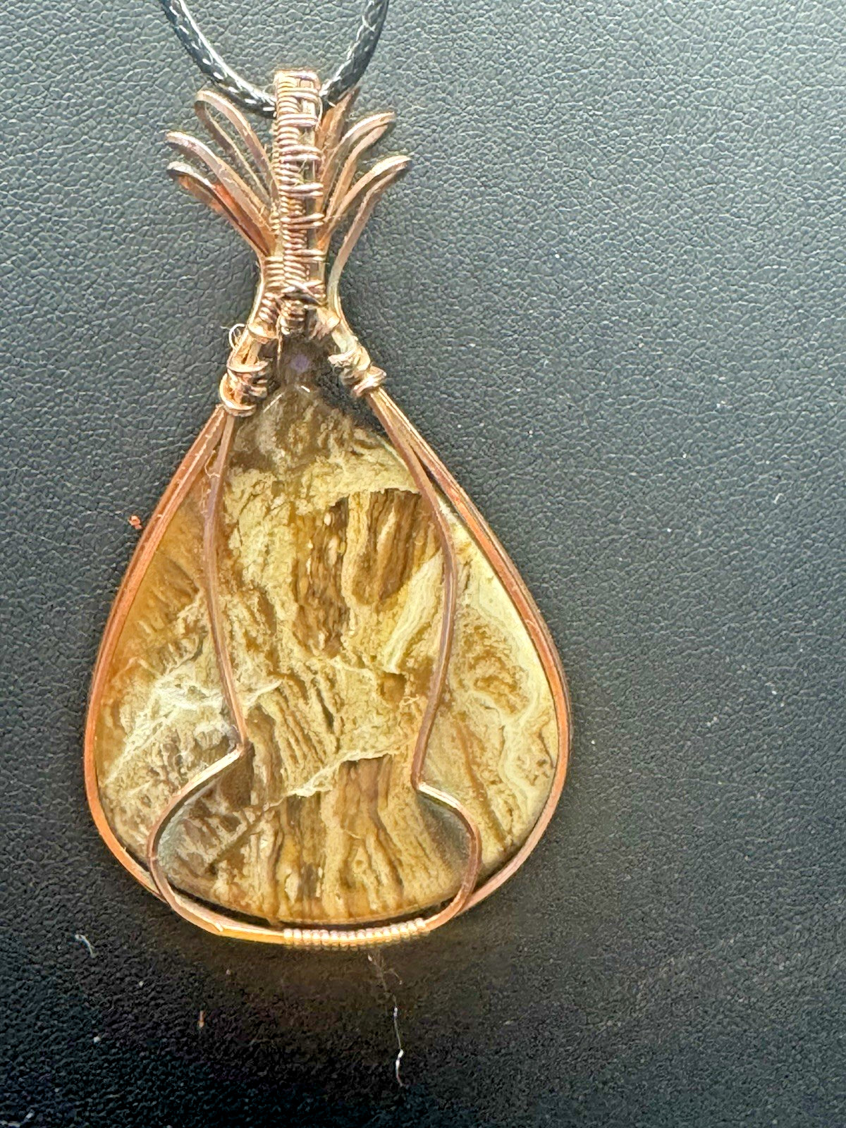 Copper Wire Wrapped Brown Natural Stone Charm Pendant Necklace on Cord, Handmade