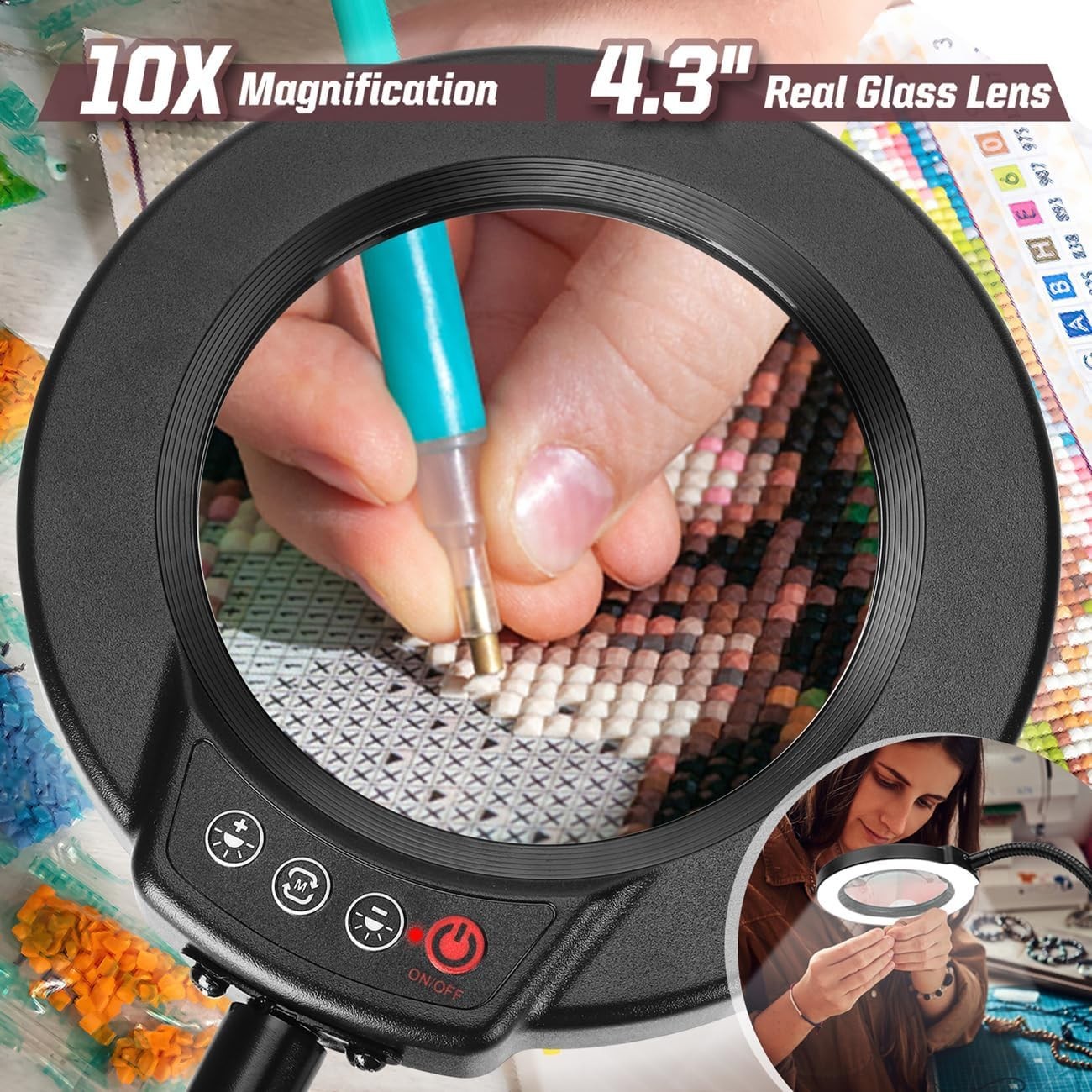 Precision 10X Magnifying Lamp with Goose-Neck & Stepless Dimming for Detail Work