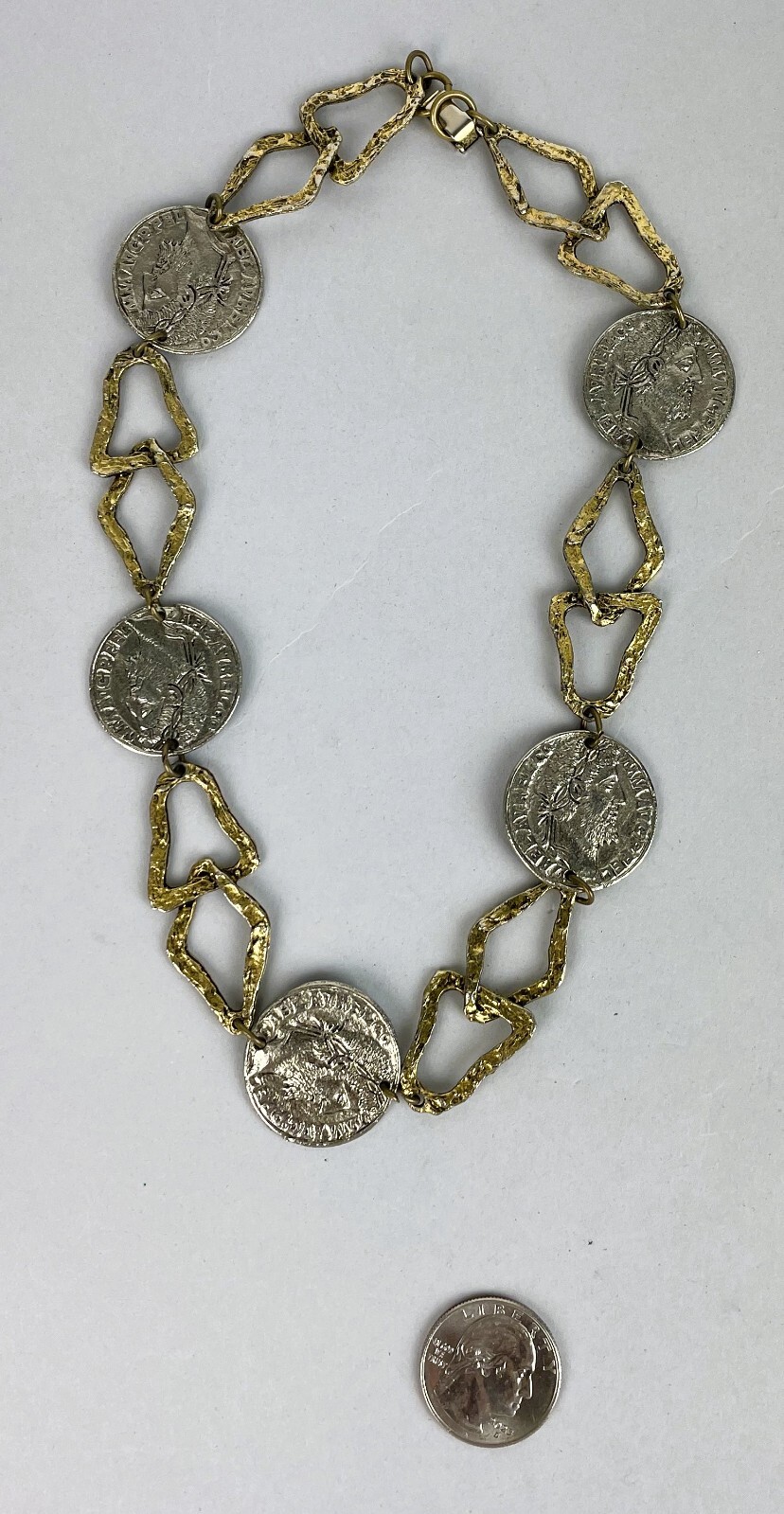 Vintage 1970’s Silver & gold tone Faux Roman Coins Long Rope style Necklace 18″