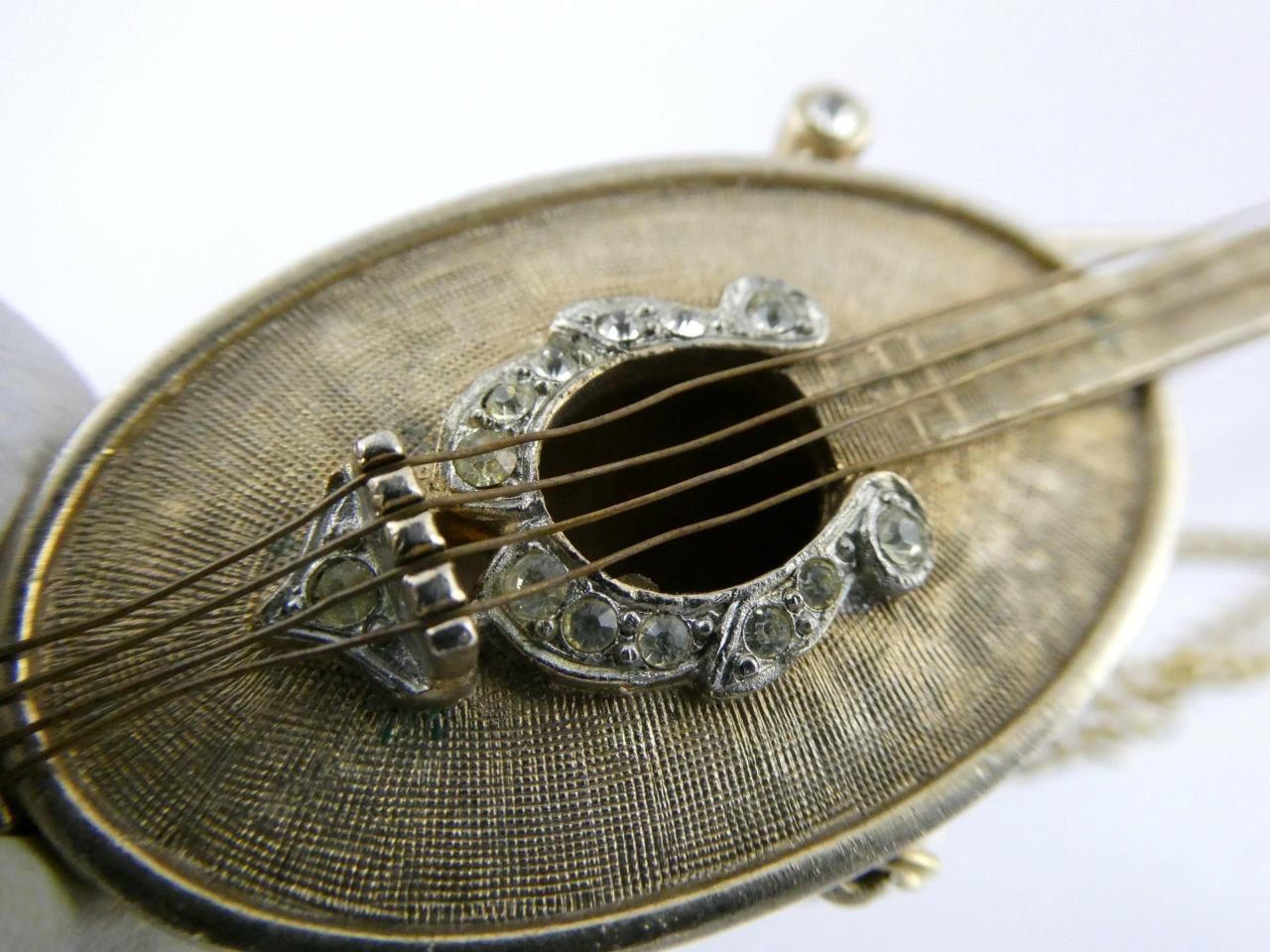 Vintage R Mandle Signed Mandolin Brooch Musical Instrument Pin White Rhinestones