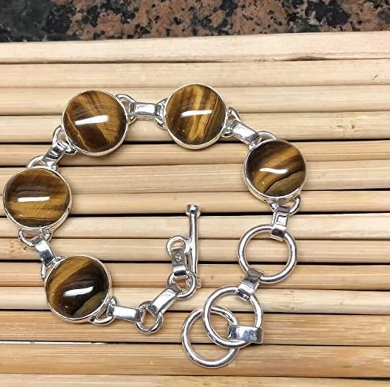 925 Sterling Silver Natural Tiger Eye Bracelet Protection Jewelry Birthday Gifts