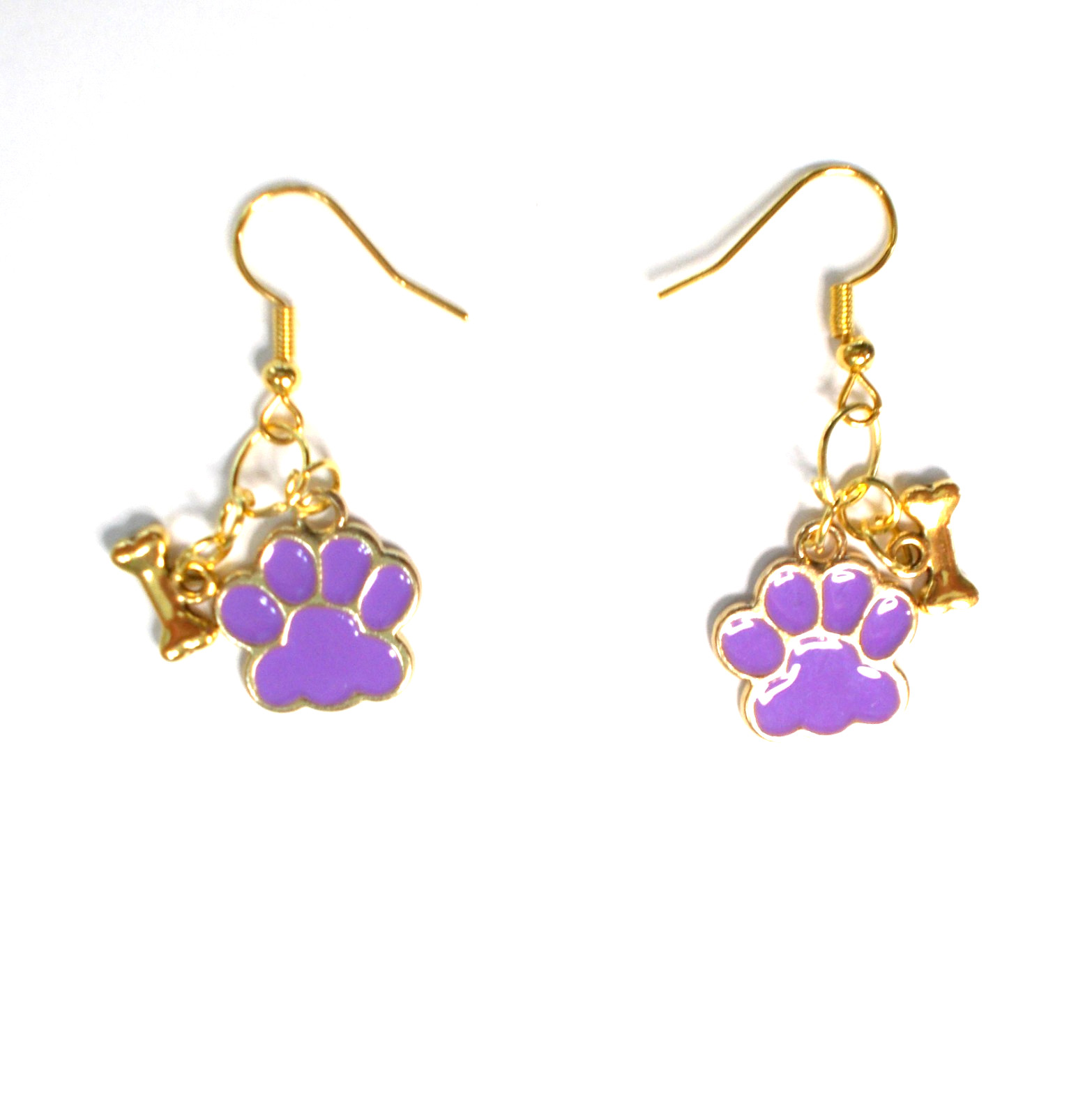 DOGGIE PAWS PURPLE AND DOG BONE TREAT/GOLD-EARRINGS/HANDMADE JEWELRY