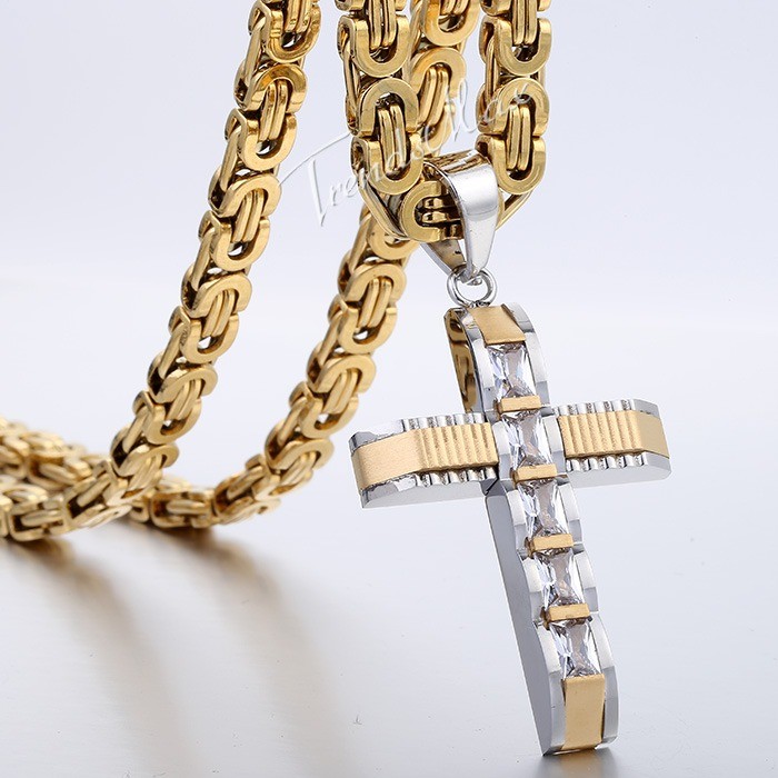 18-30“ Stainless Steel CZ Rhinestone Cross Pendant Necklace Flat Byzantine Chain