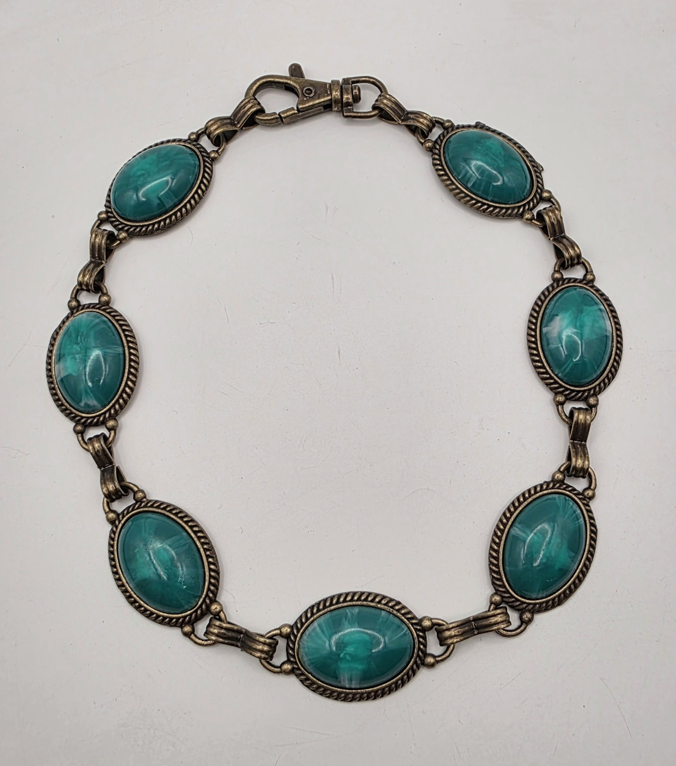 Bronze Brass Tone Faux Malachite Oval Cabochon Link Mecklace 18″