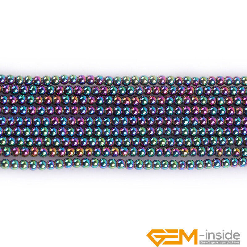 Rainbow Metallic Coated Reflections Hematite Round Spacer Beads 15″Bulk 2mm-12mm