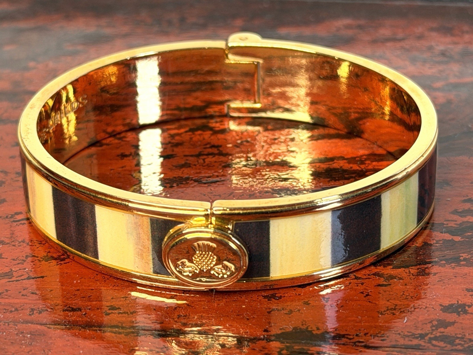 MACKENZIE CHILDS Courtly Check Metal and Enamel Hinged Bangle Cuff Bracelet