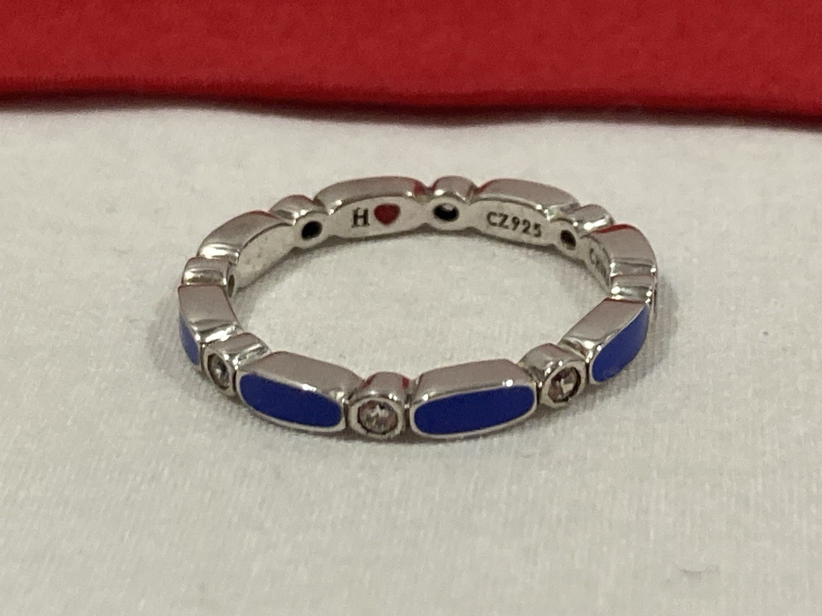 H 925 CZ China Signed Sterling Silver Blue White Cubic Zirconia Band Ring SIZE 8