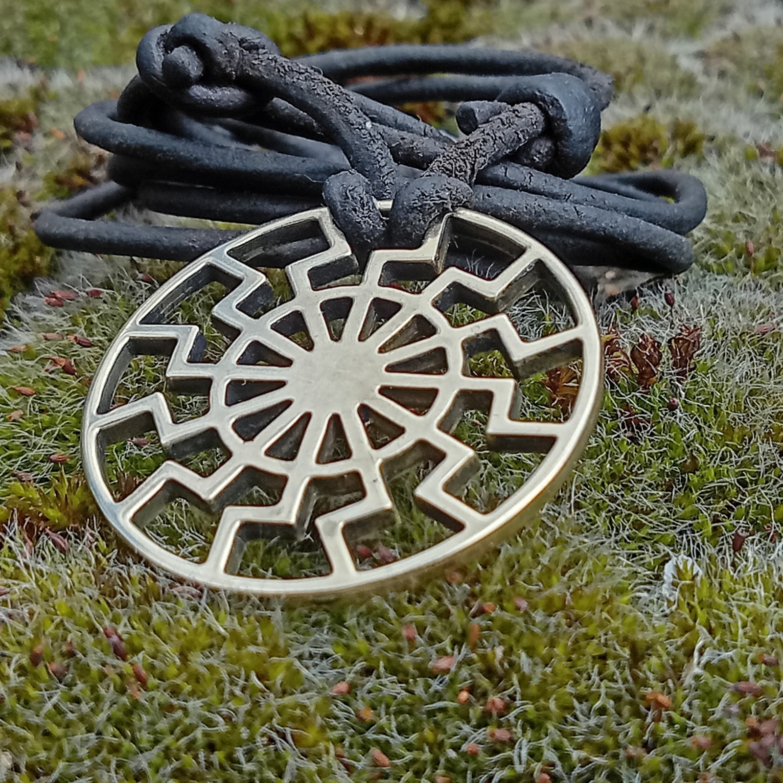 Black Sun Pendant Necklace – Brass Sonnenrad Medallion on Black Cord