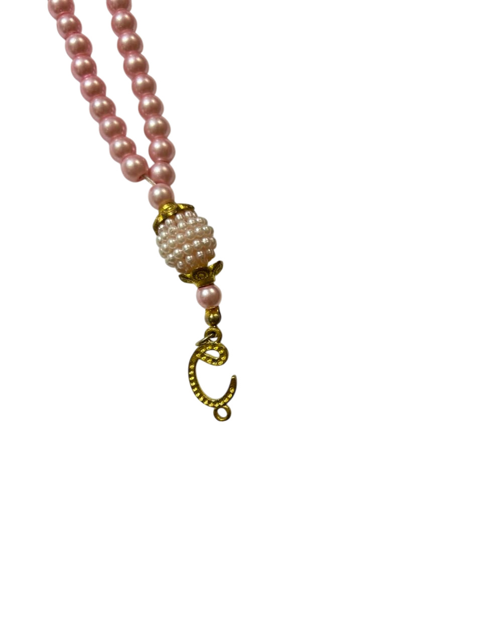 Vintage Pink Pearl Bead Necklace Gold Crescent Moon Charm Long Thread Strand