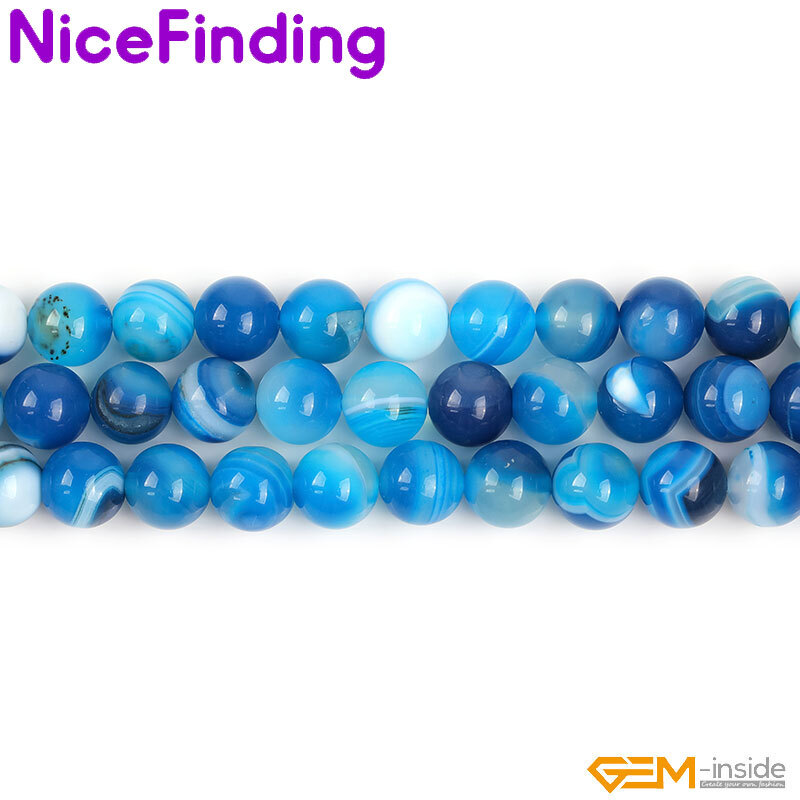 Natural Round Blue Smooth Sardonyx Agate Banded Beads For Jewelry Making 15”