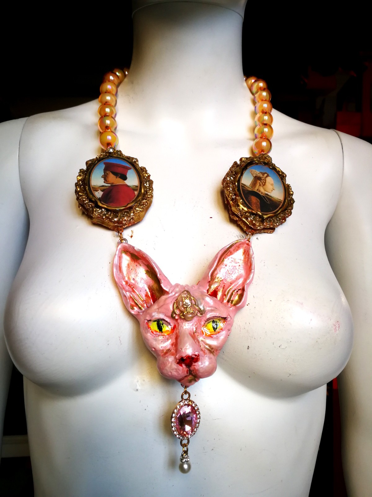 Statement Luxury Necklace Jewelry Pendant Sculpture Sphynx Cat Antique Cameo Bib