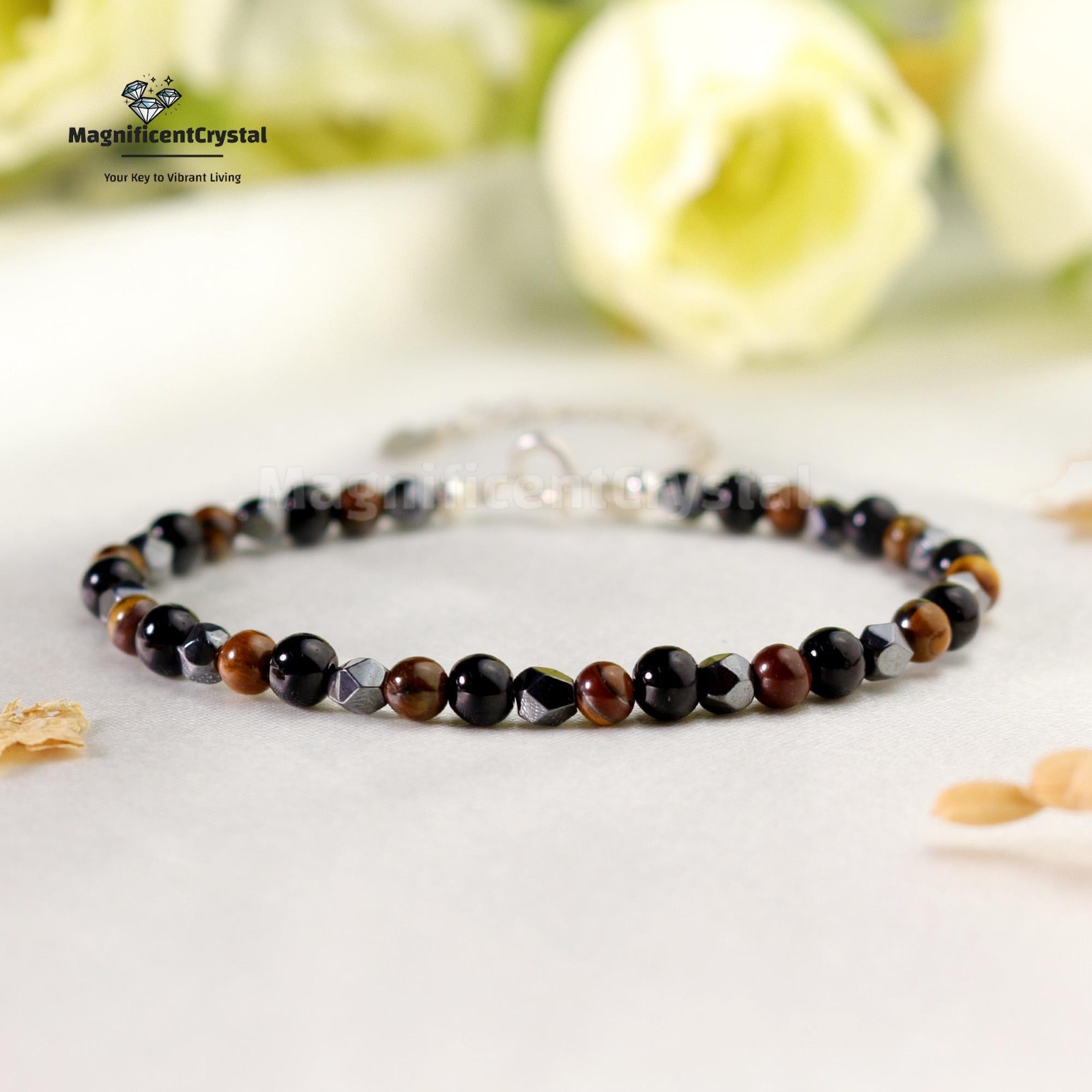 Protection Bracelet Genuine Tiger Eye Obsidian Hematite Jewelry Stone of Courage