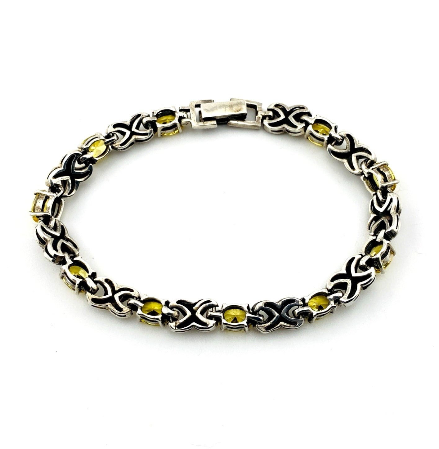 Canary Yellow CZ Marcasite Sterling Silver Link Bracelet Vintage 7.25 in