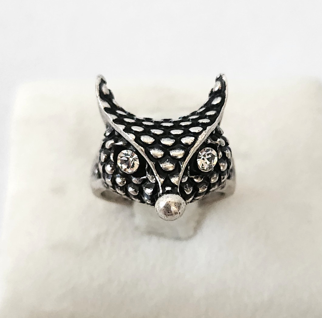 Vintage Silver Tone Fox Face Ring Cubic Zirconia Eyes Statement Jewelry Size 7