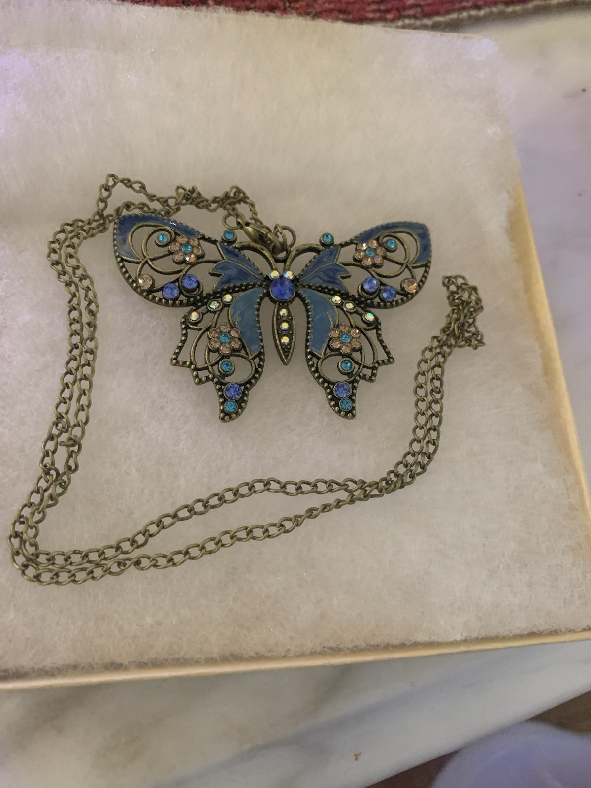 Blue Butterfly Necklace with Many Colorful Stones and An Antique Goldlike Chain