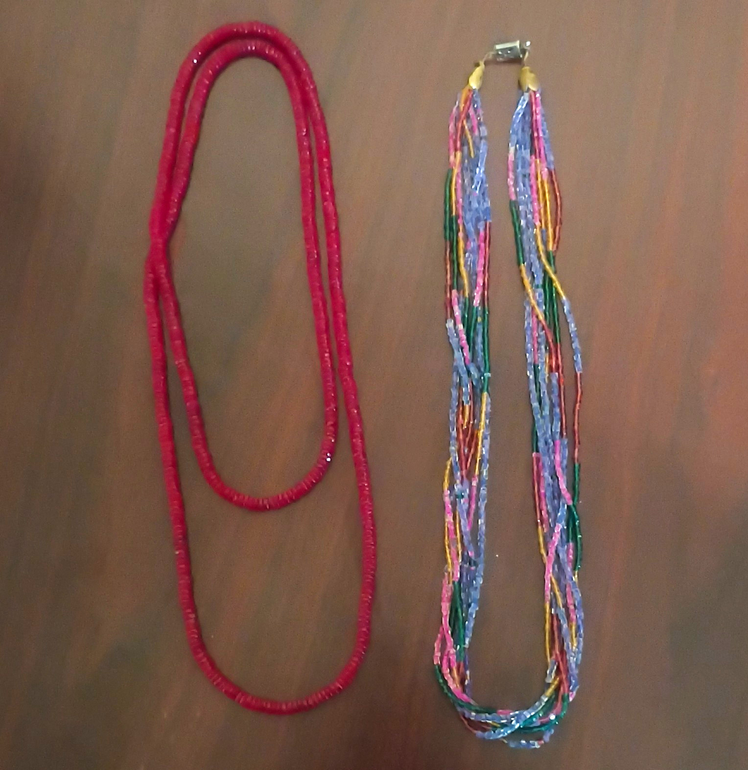 Lot of 2 Beaded Glass Strand Necklaces Red & Multicolor Barrel Closure