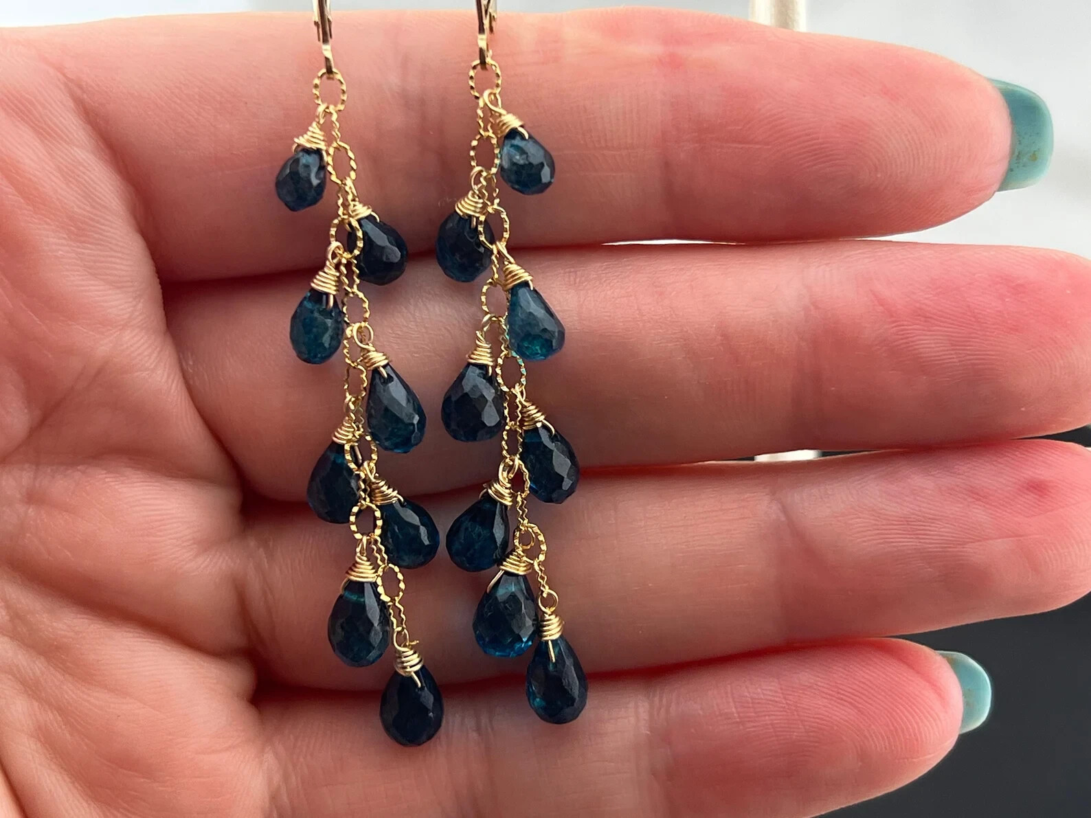 Genuine London Blue Topaz Cascade 14K Gold Filled Dangle Leverback Earrings