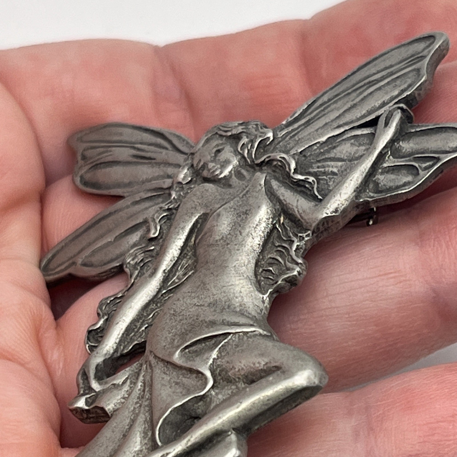 Signed Seagull Pewter Brooch Whimsical Lady Fairy Canada Vintage