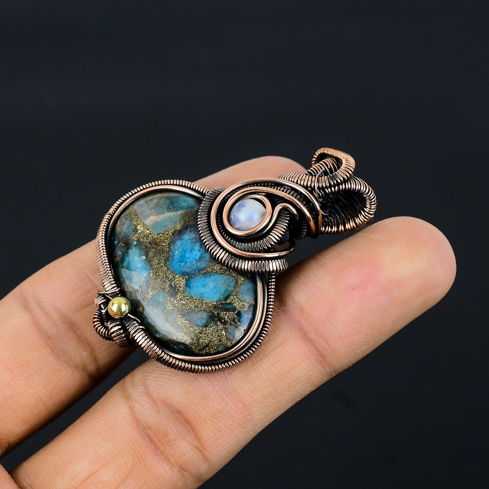 Copper Neon Apatite Handmade Gemstones Copper Wire Wrapped Moonstone Pendant
