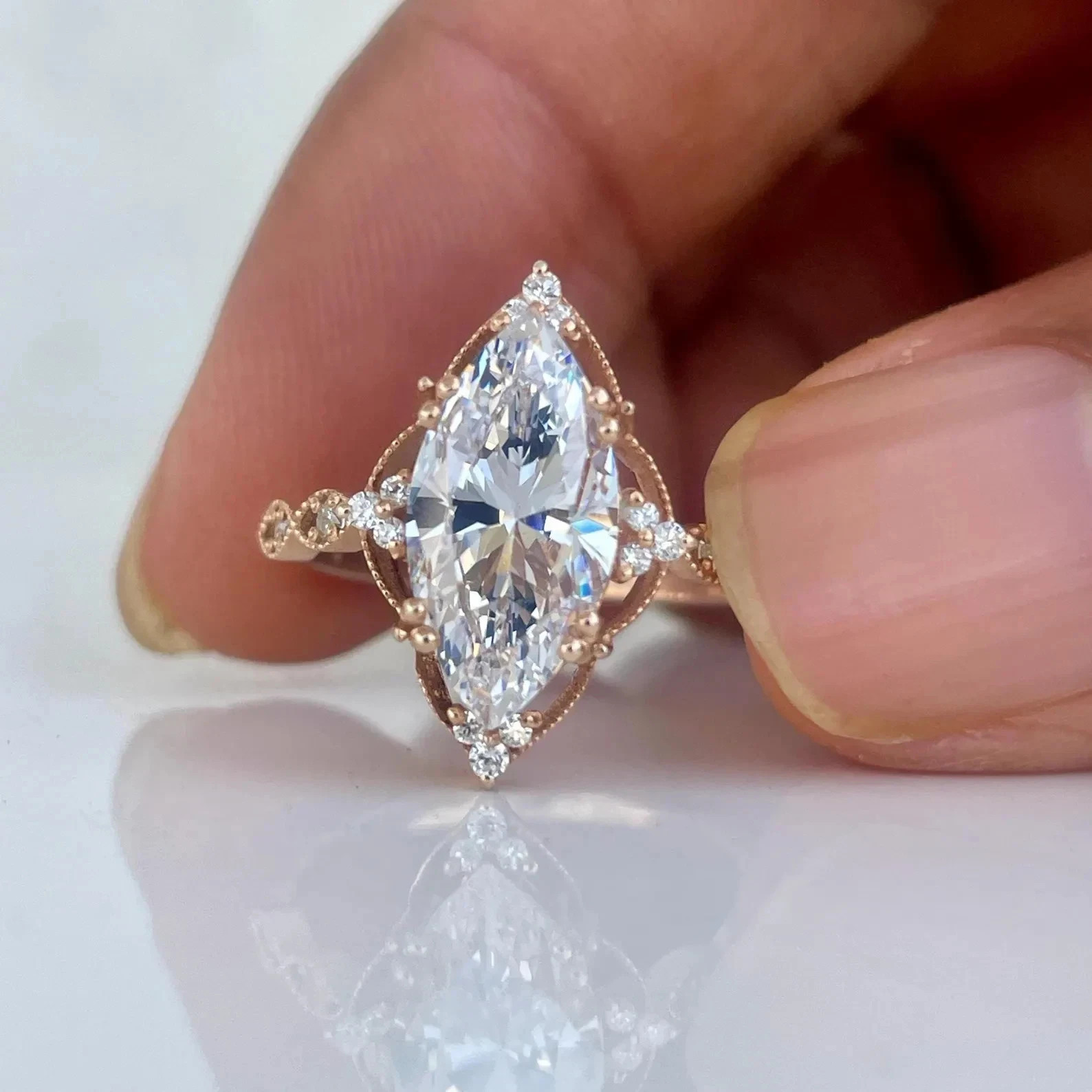 Diamond Ring Lab Grown Marquise Cut 14k Rose Gold 2.75 Ct IGI Certified VVS E F