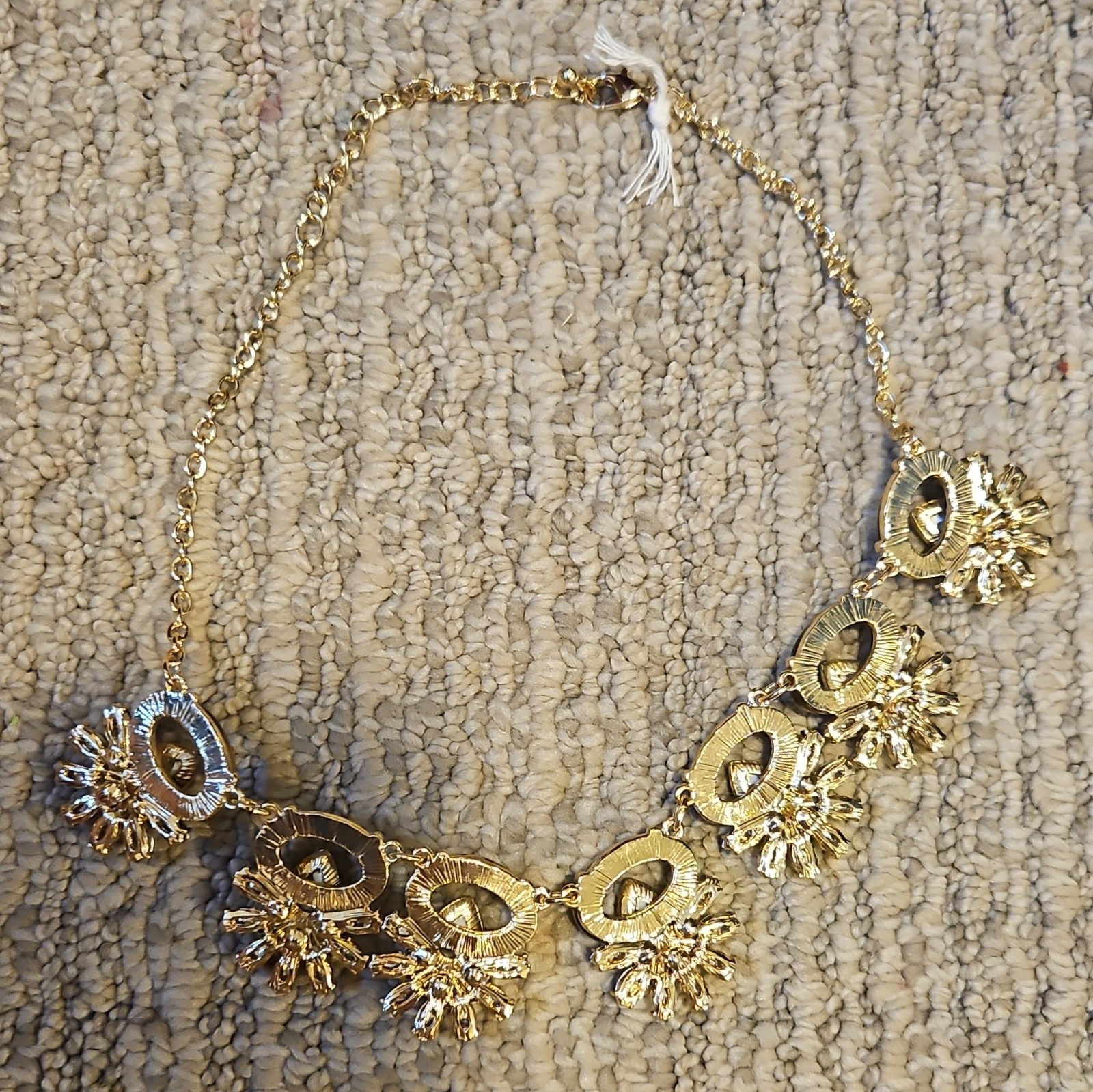 Gold Tone Statement Necklace Green Pear Crystals Blue Accents Flower Charms