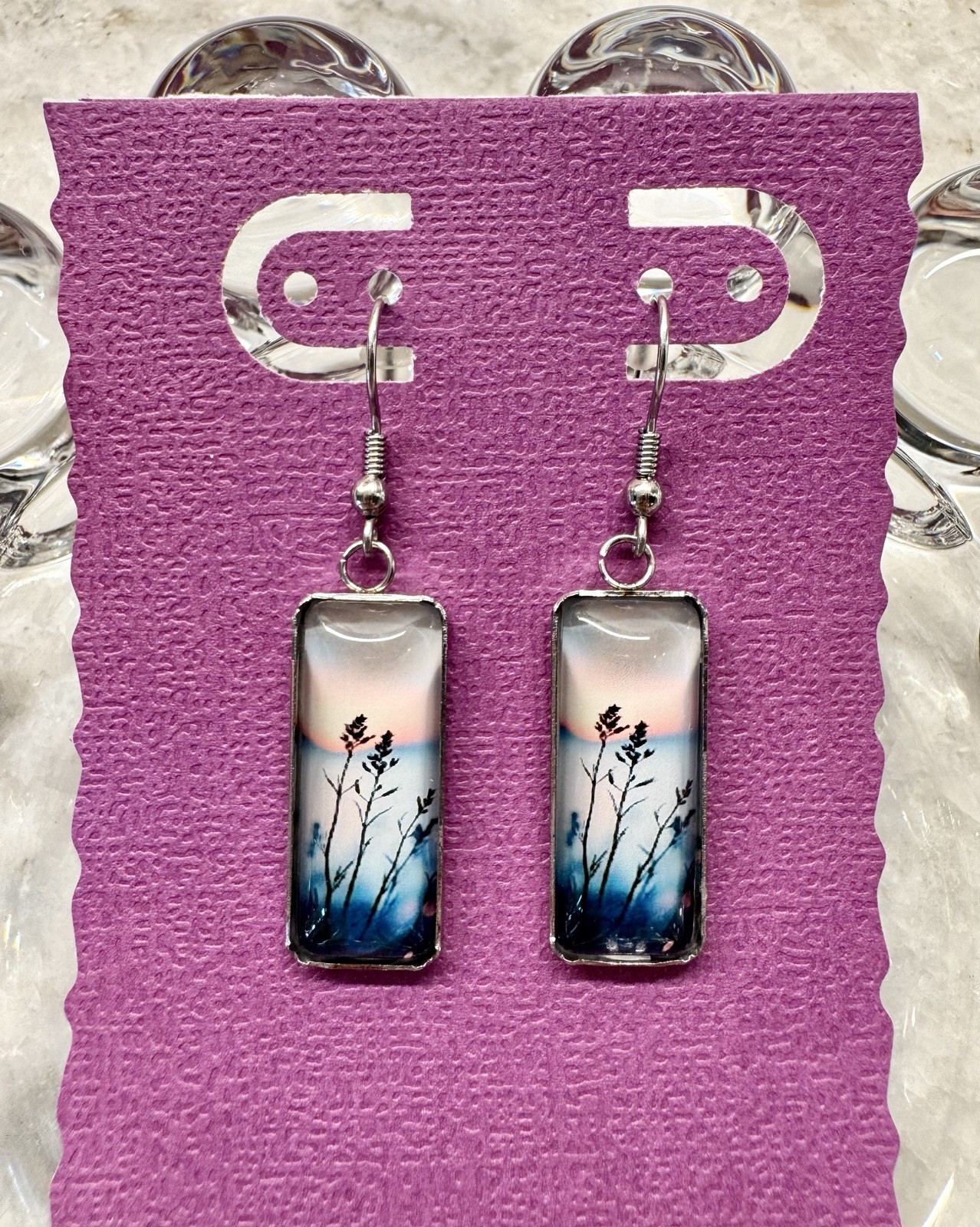 New Beach Seaside Blue Hour Sunset Rectangular Cabochon Dangle Earrings – 1.75”
