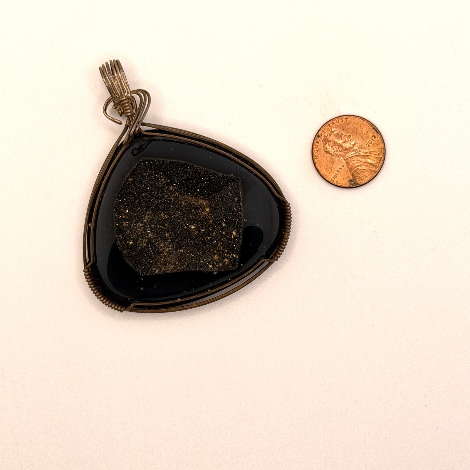 Vintage 90s Black Onyx Druzy Sterling Silver Wire Wrap Trillion Pendant