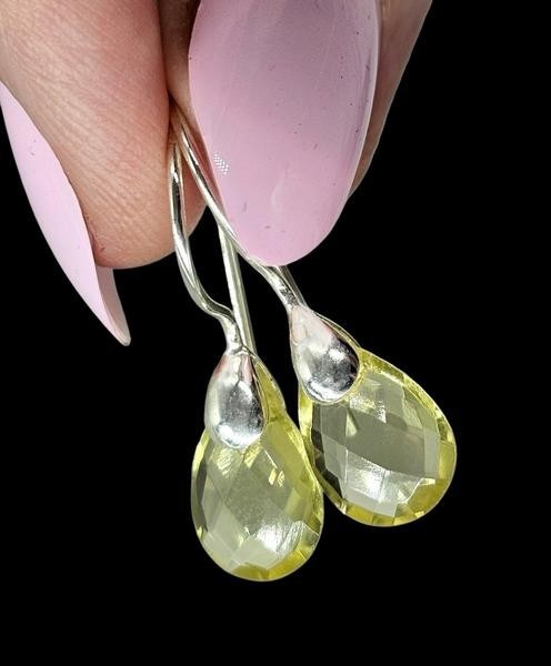 Teardrop Lemon Quartz Earrings, Checkerboard Faceted, Sterling Silver