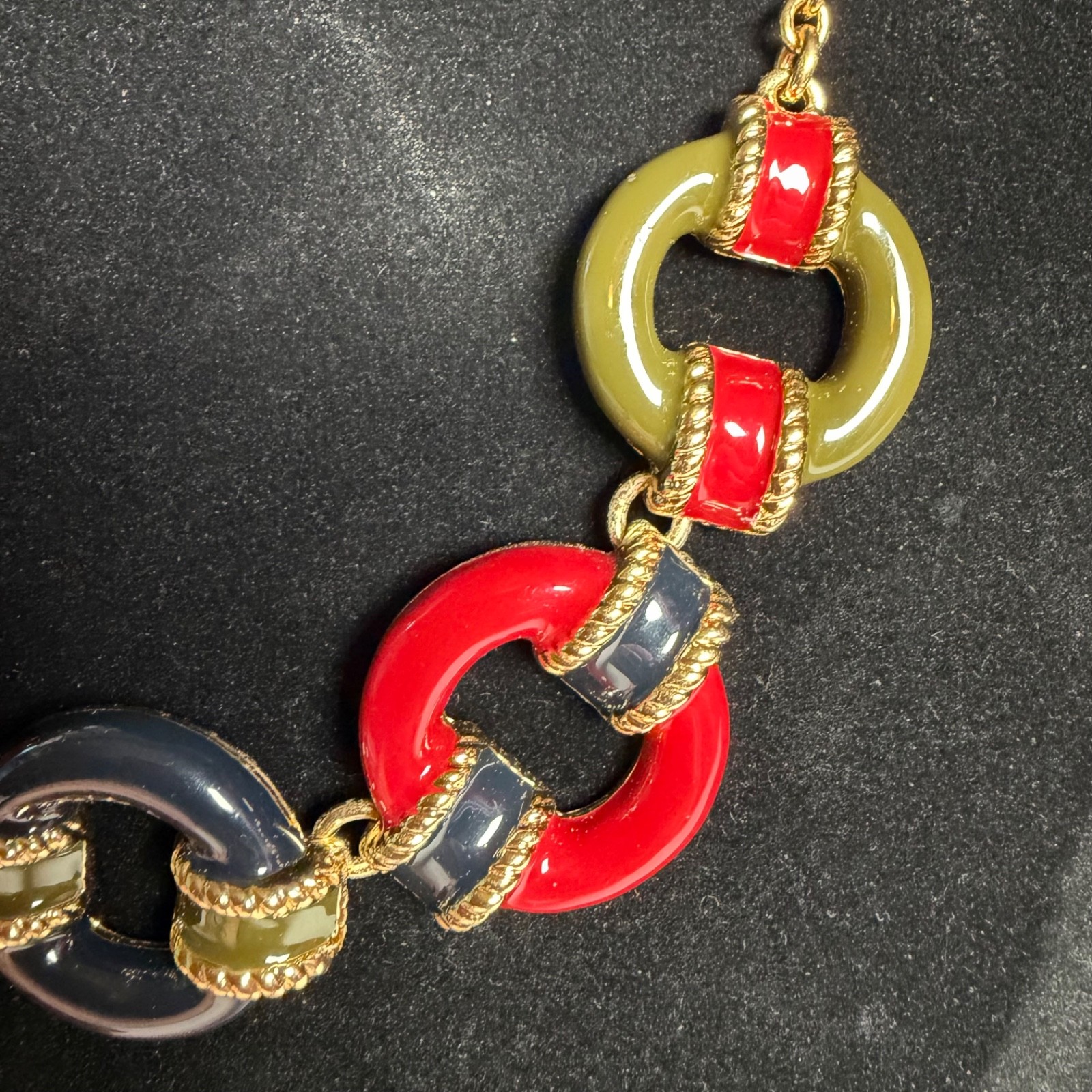 Talbots Gold Tone Enamel Link Necklace Red Blue Olive Green Statement 21″