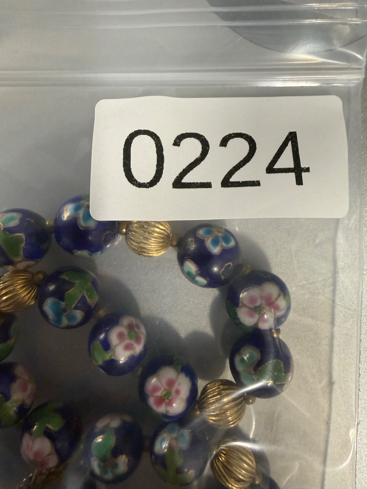 Vintage Cloisonne Beaded Necklace Blue Flower 28”
