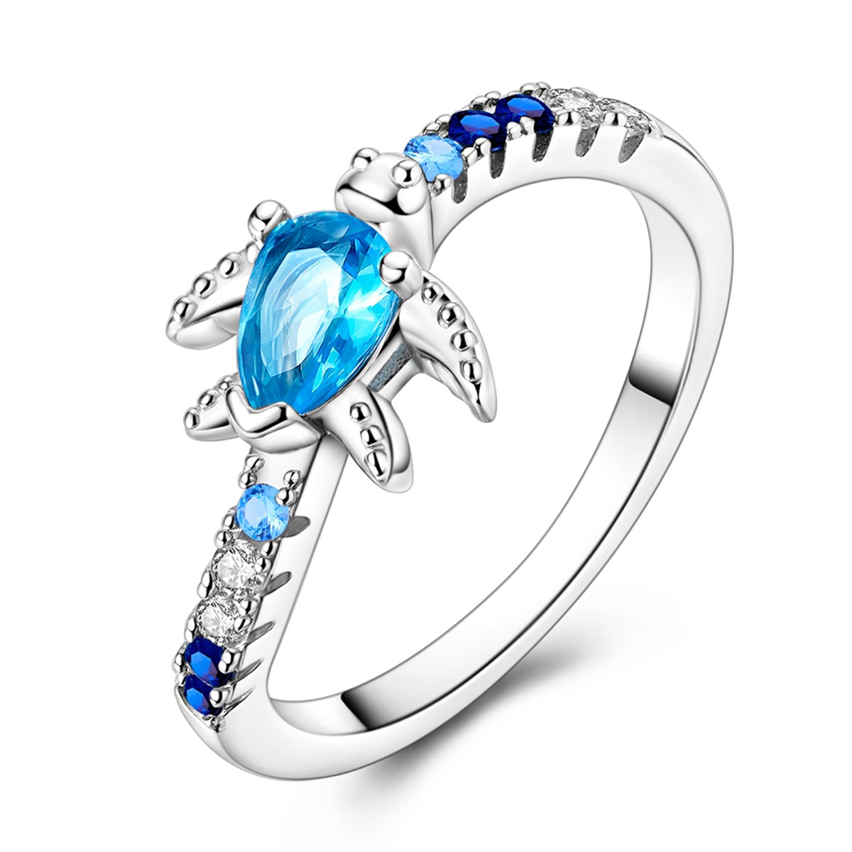 LAZA Original 925 Sterling Silver Ring Blue CZ Turtle Roaming for Women Jewelry